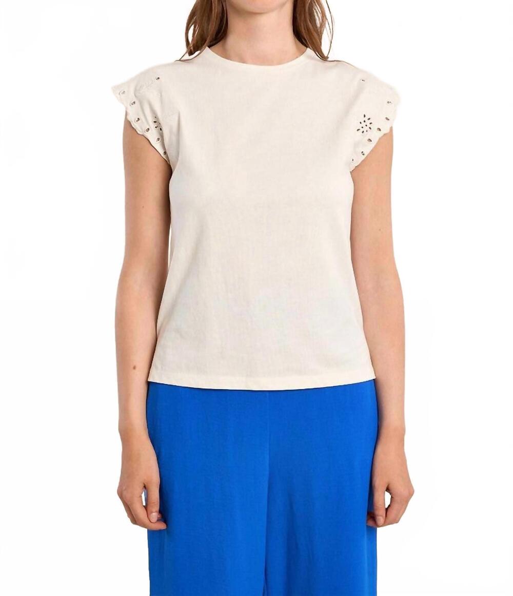 NEW MOLLY BRACKEN eyelet cap sleeve knitted top in off white